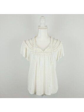 Goldie Women's Medium White Pima Cotton Split Neck Ruffled Short Sleeve Blouse